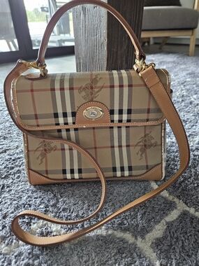 Burberry Beige Vintage Check Leather Trim Satchel